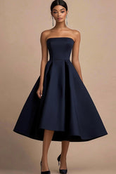 Marineblaues Trägerloses Midi Partykleid aus Satin in A-Linie